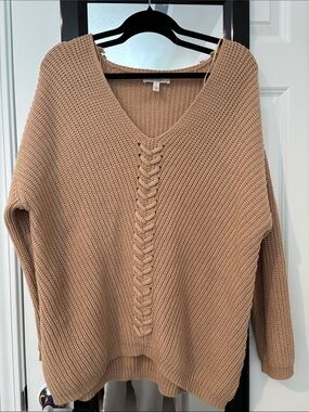 Jessica Simpson V-Neck Waffle Knit Sweater with Center Braid Detail